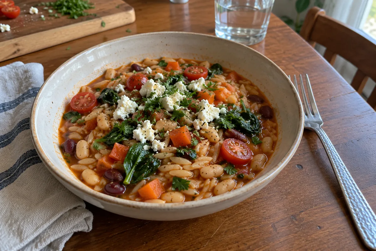 Bowl of Mediterranean orzo with beans, carrots, cherry tomatoes and spinach