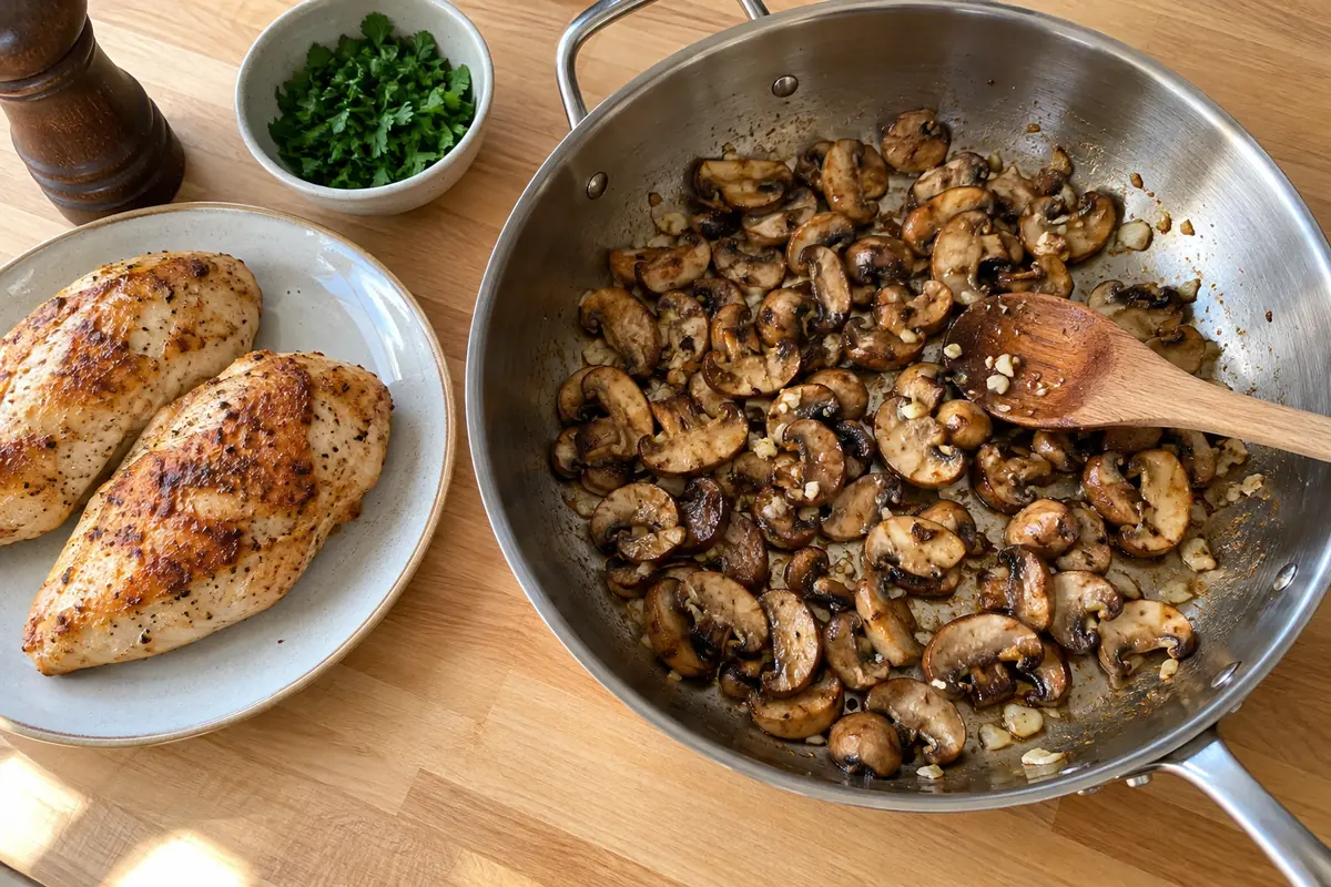 Sauteing sliced mushrooms and garlic in a skillet next to golden pan-seared chicken for mushroom Asiago chicken