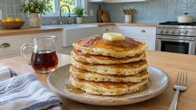 Tall stack of fluffy homemade pancakes with melting butter and maple syrup on a stoneware plate on a kitchen counter