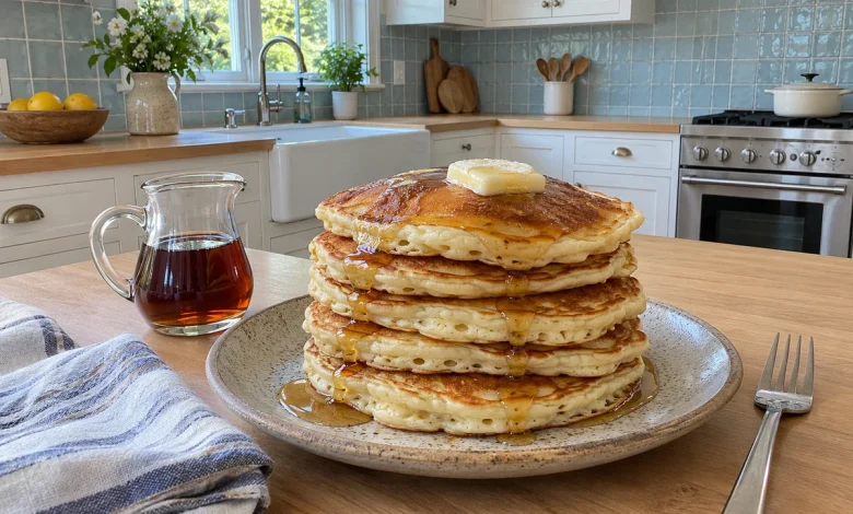 Tall stack of fluffy homemade pancakes with melting butter and maple syrup on a stoneware plate on a kitchen counter