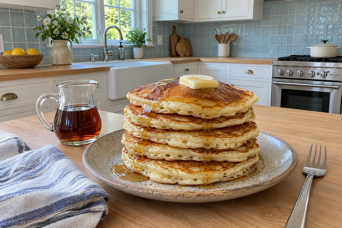 Tall stack of fluffy homemade pancakes with melting butter and maple syrup on a stoneware plate on a kitchen counter