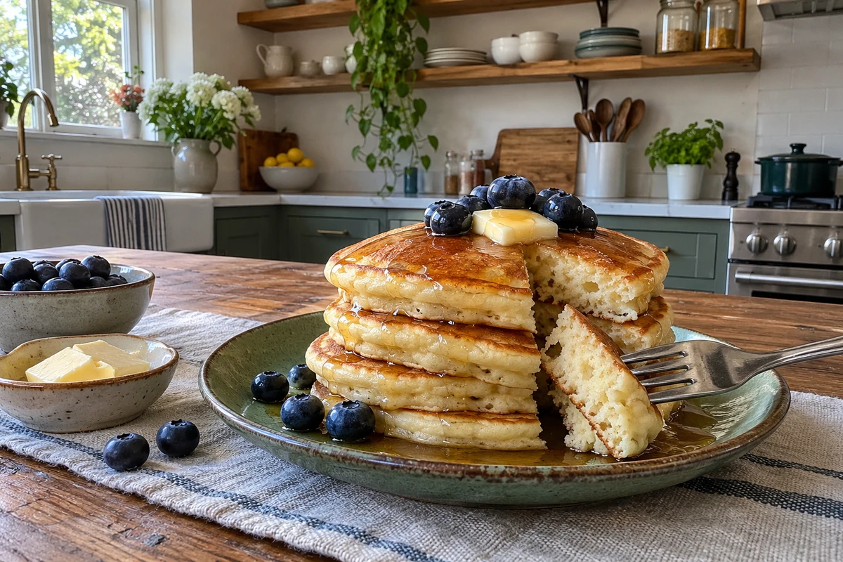 Fork cutting into a stack of fluffy pancakes showing the soft, airy inside
