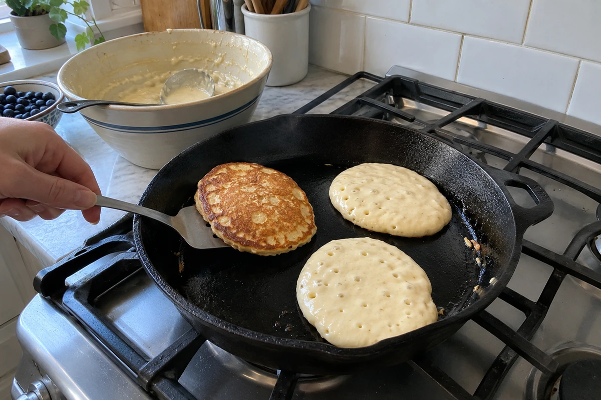 Flipping a golden pancake with a spatula in a skillet with bubbling pancake batter