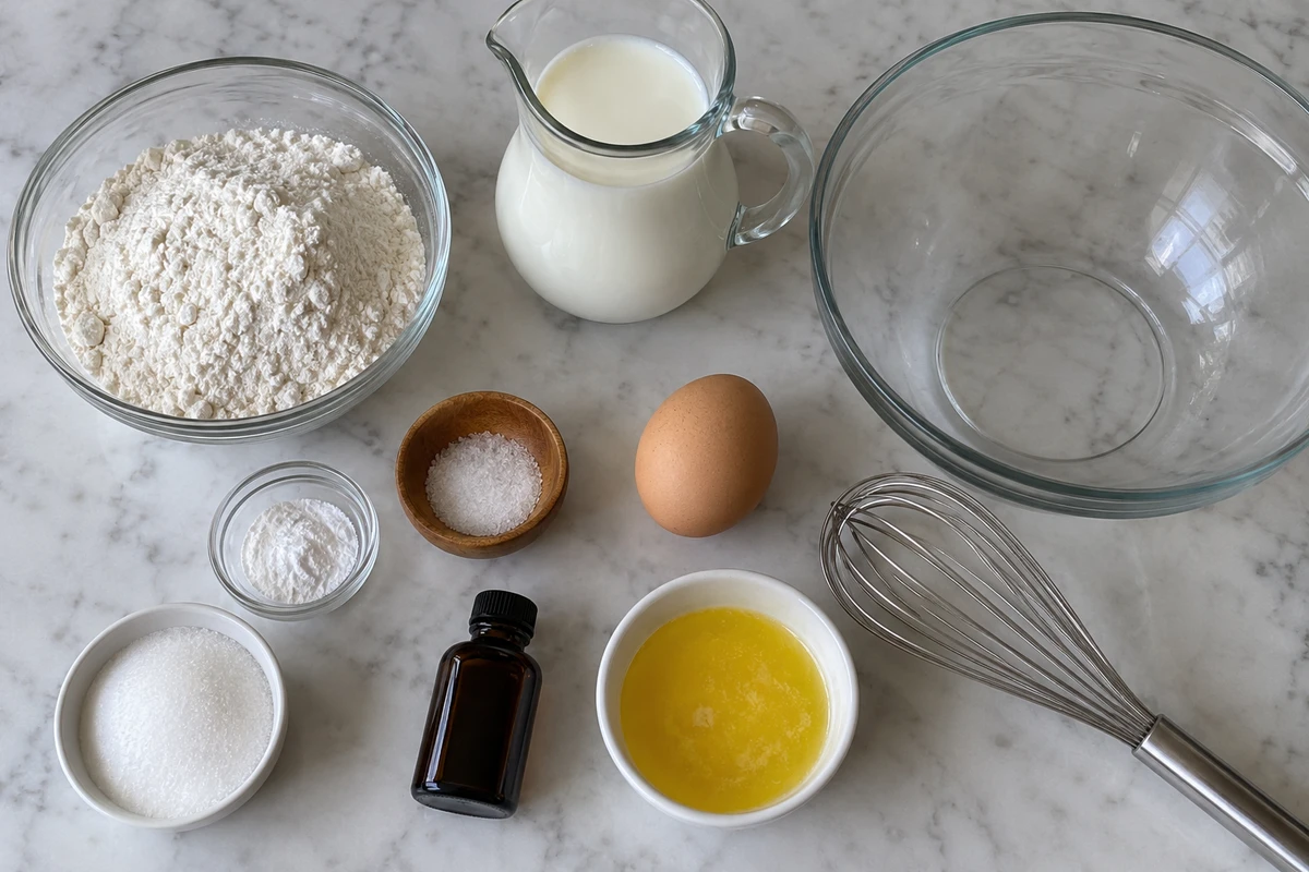 Overhead view of pancake ingredients with flour, baking powder, salt, sugar, milk, an egg, melted butter and vanilla extract