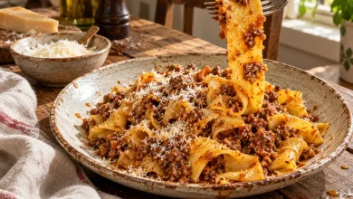 Plate of pappardelle bolognese with wide egg ribbons coated in chunky meat ragù and grated Parmigiano-Reggiano on top