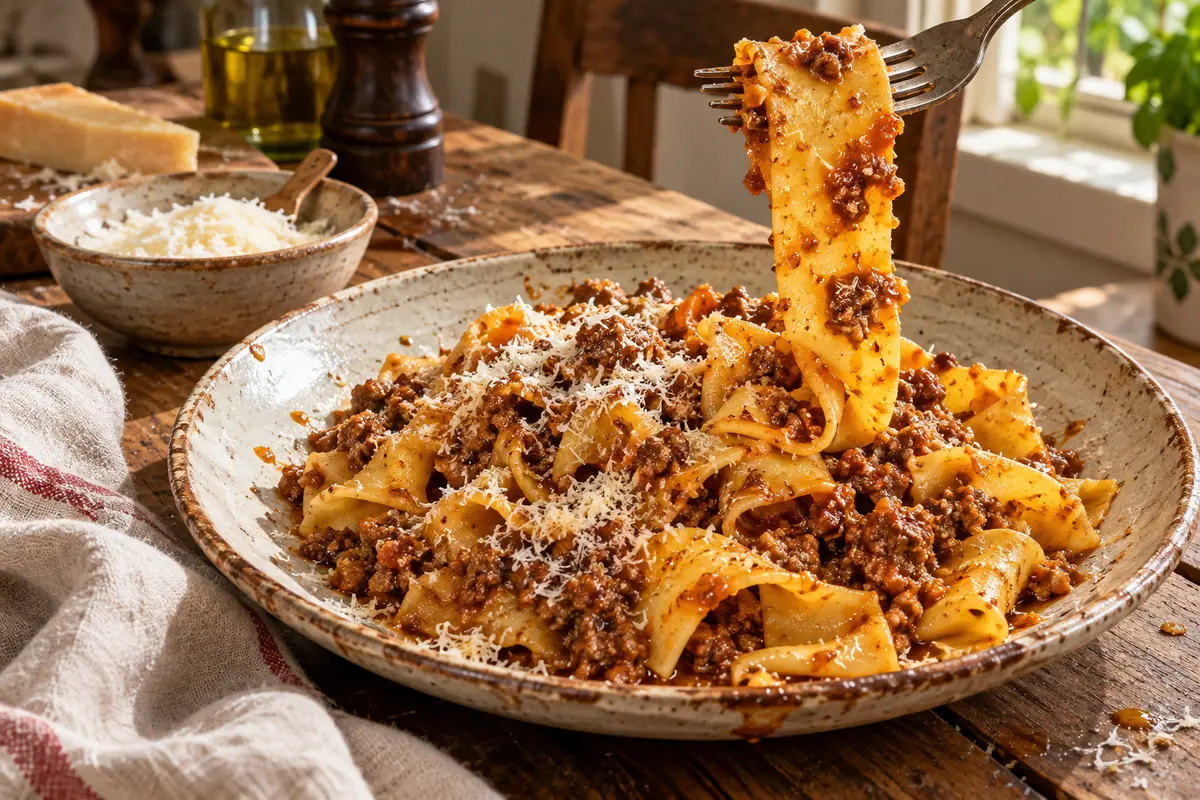 Plate of pappardelle bolognese with wide egg ribbons coated in chunky meat ragù and grated Parmigiano-Reggiano on top