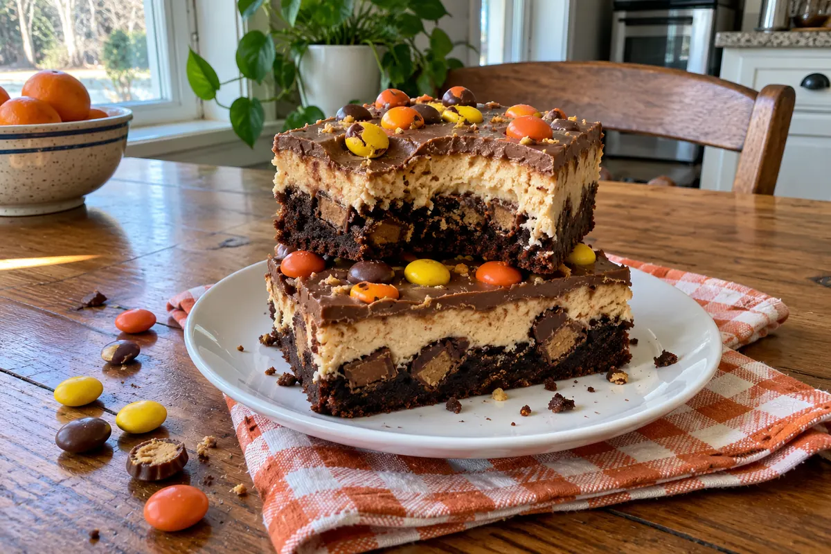 Two stacked peanut butter cheesecake brownies with a fudgy brownie base, peanut butter cheesecake layer, chocolate peanut butter topping and candy-coated peanut butter candies