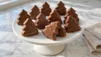 Homemade peanut butter Christmas trees dipped in milk chocolate on a white cake stand