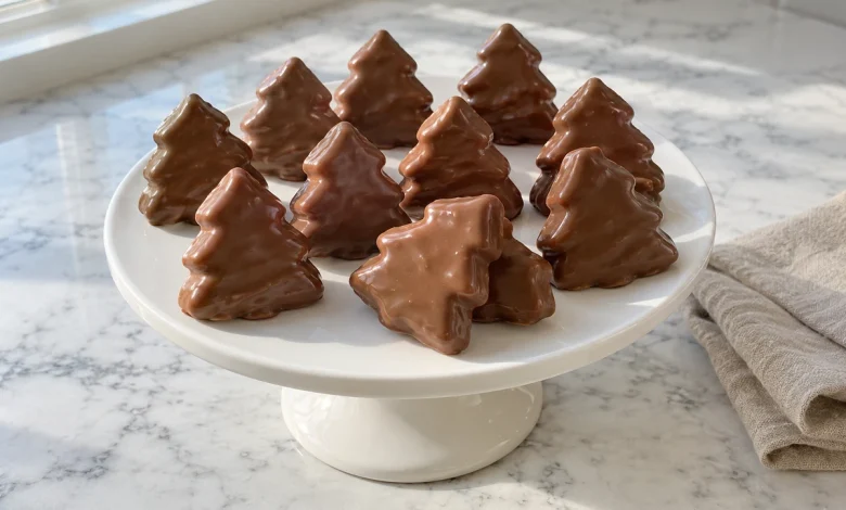 Homemade peanut butter Christmas trees dipped in milk chocolate on a white cake stand