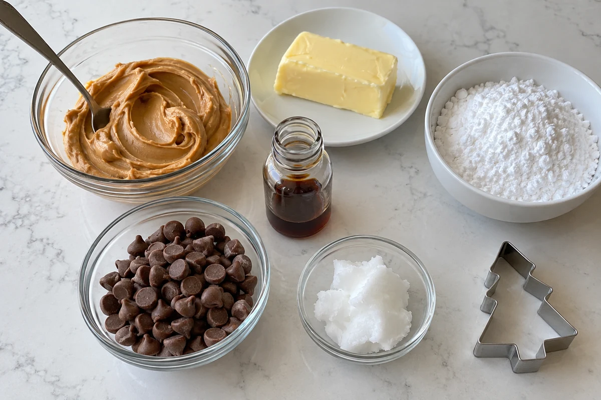 Ingredients for peanut butter Christmas trees: creamy peanut butter, butter, powdered sugar, vanilla and milk chocolate chips