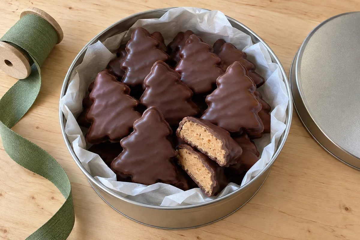 Peanut butter Christmas trees layered in a parchment-lined gift tin with one cut in half