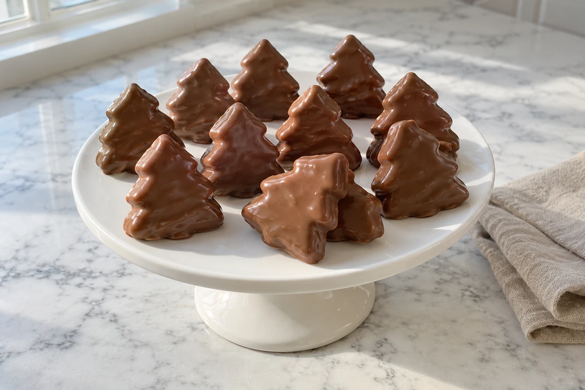 Homemade peanut butter Christmas trees dipped in milk chocolate on a white cake stand
