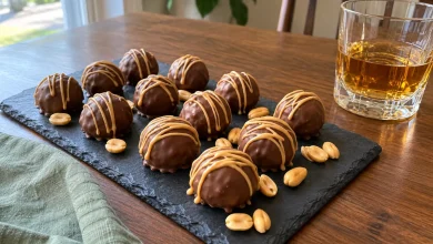 Peanut butter whiskey balls coated in milk chocolate with peanut butter drizzle on a slate board
