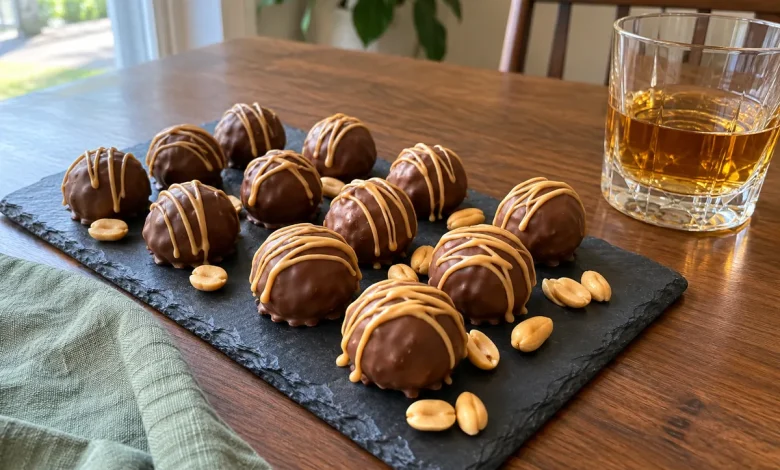 Peanut butter whiskey balls coated in milk chocolate with peanut butter drizzle on a slate board