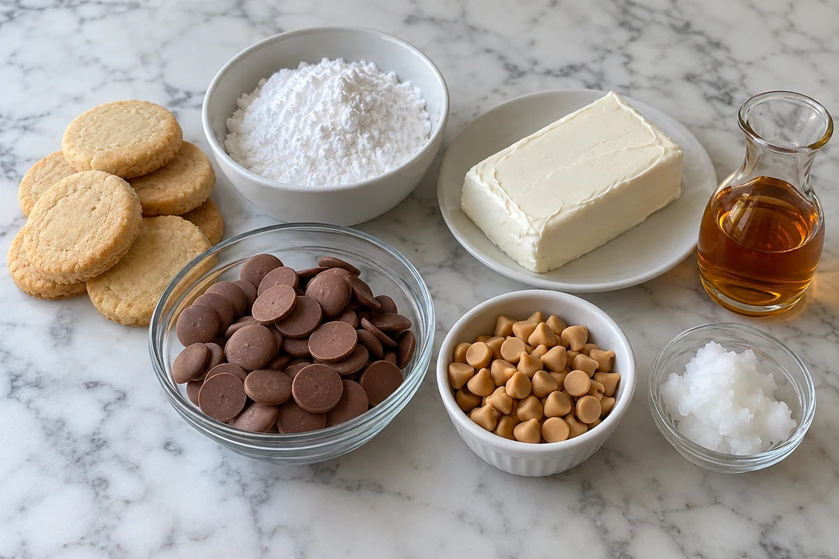Ingredients for peanut butter whiskey balls: shortbread cookies, powdered sugar, cream cheese, whiskey, milk chocolate wafers and peanut butter chips