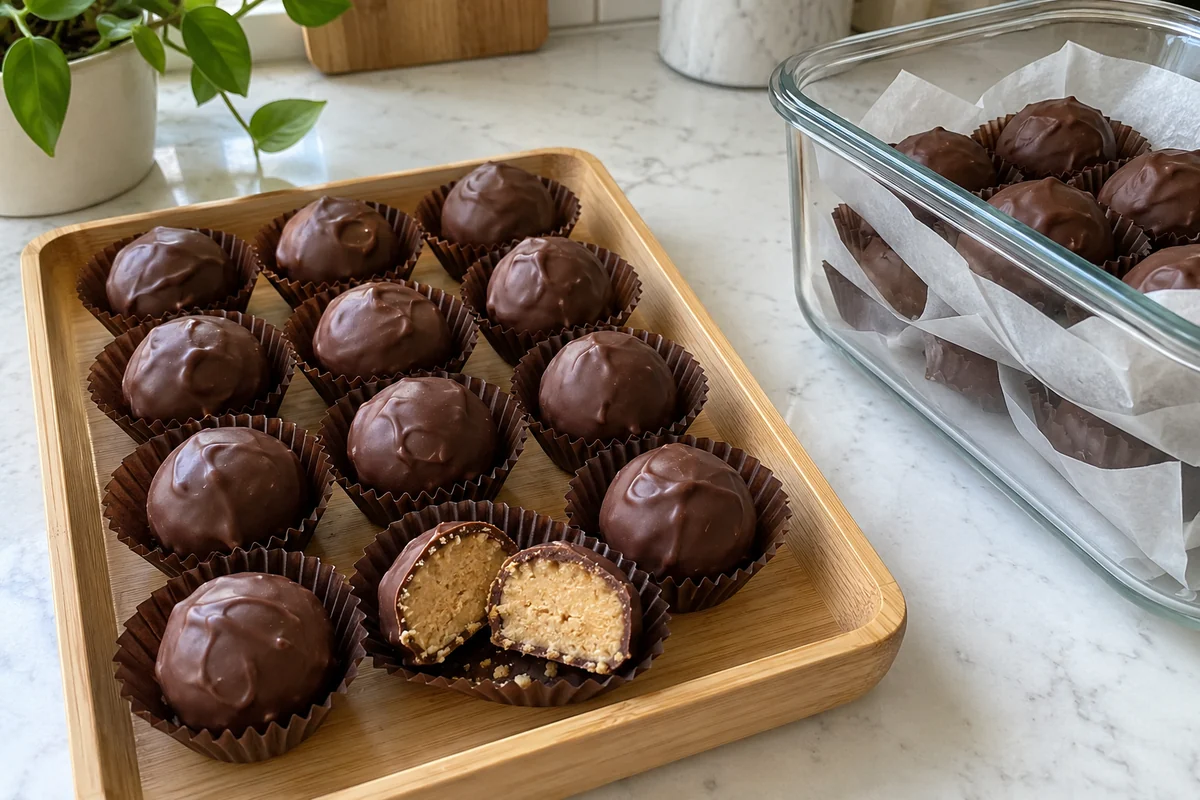 Peanut butter whiskey balls in paper candy cups on a wooden tray with one cut in half