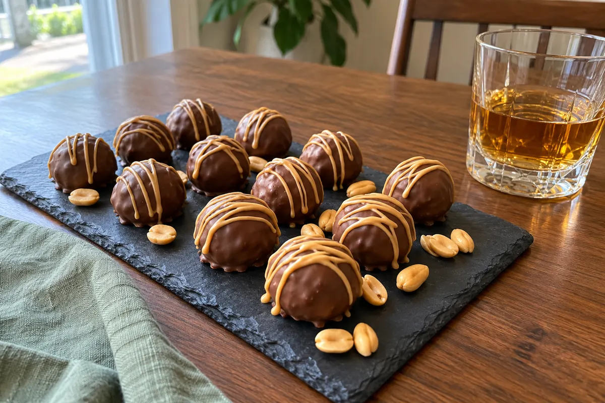 Peanut butter whiskey balls coated in milk chocolate with peanut butter drizzle on a slate board