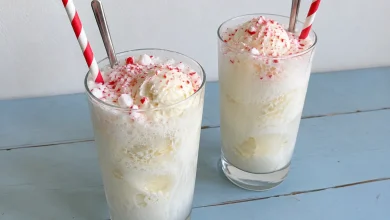 Festive peppermint Christmas floats in clear glasses topped with foam and crushed peppermint candy