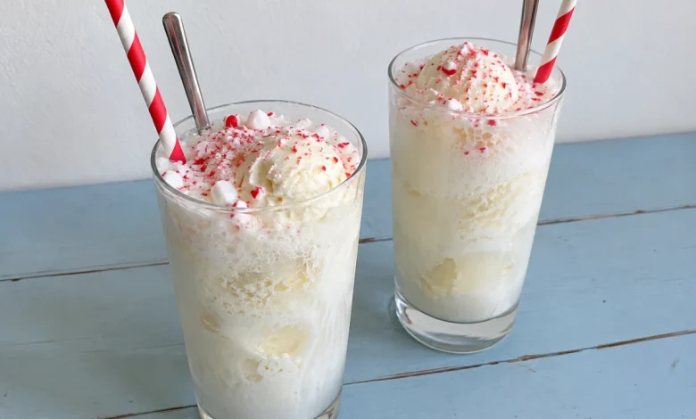 Festive peppermint Christmas floats in clear glasses topped with foam and crushed peppermint candy
