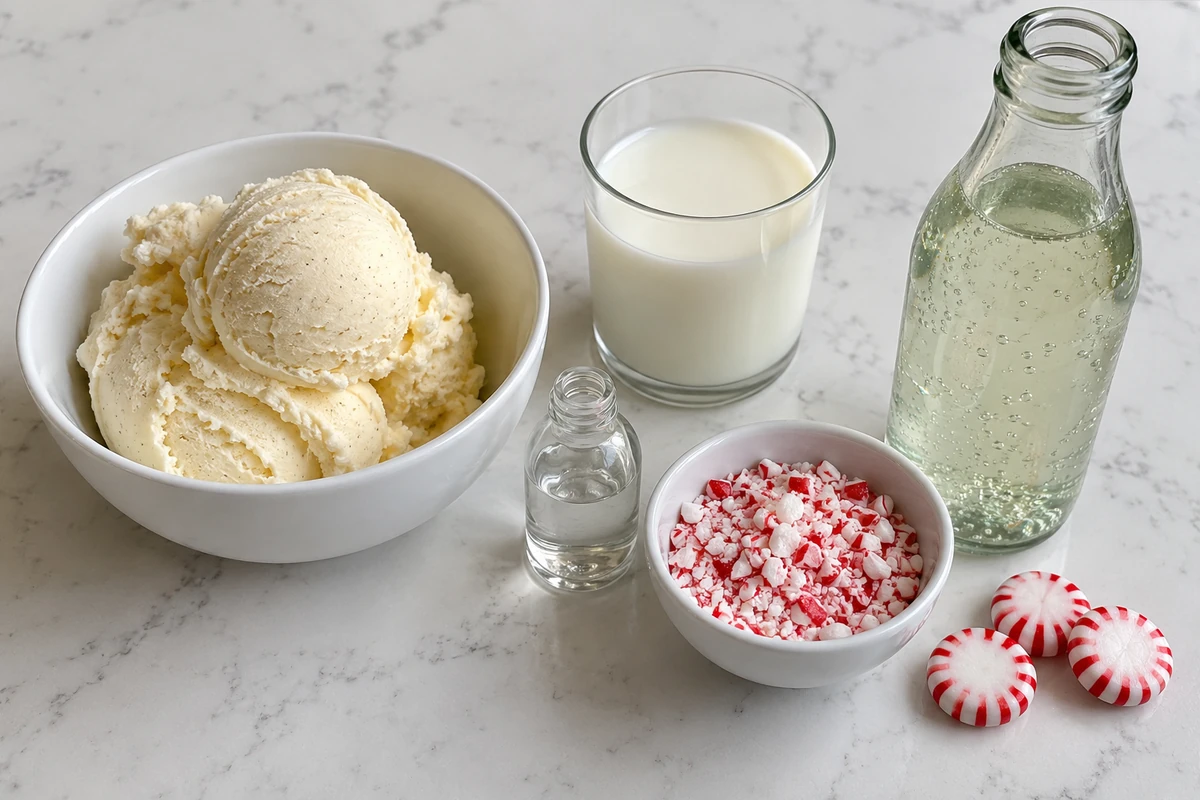 Ingredients for peppermint Christmas float: vanilla ice cream, milk, peppermint extract, lemon-lime soda and peppermint candy