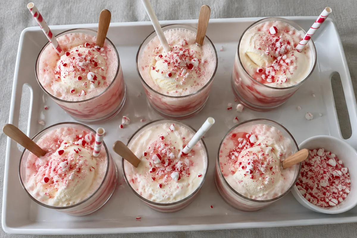 A party tray of small peppermint Christmas floats with spoons and paper straws