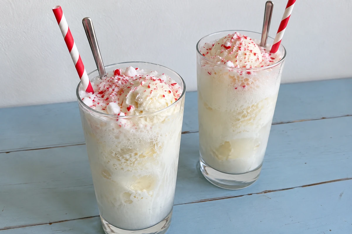 Festive peppermint Christmas floats in clear glasses topped with foam and crushed peppermint candy