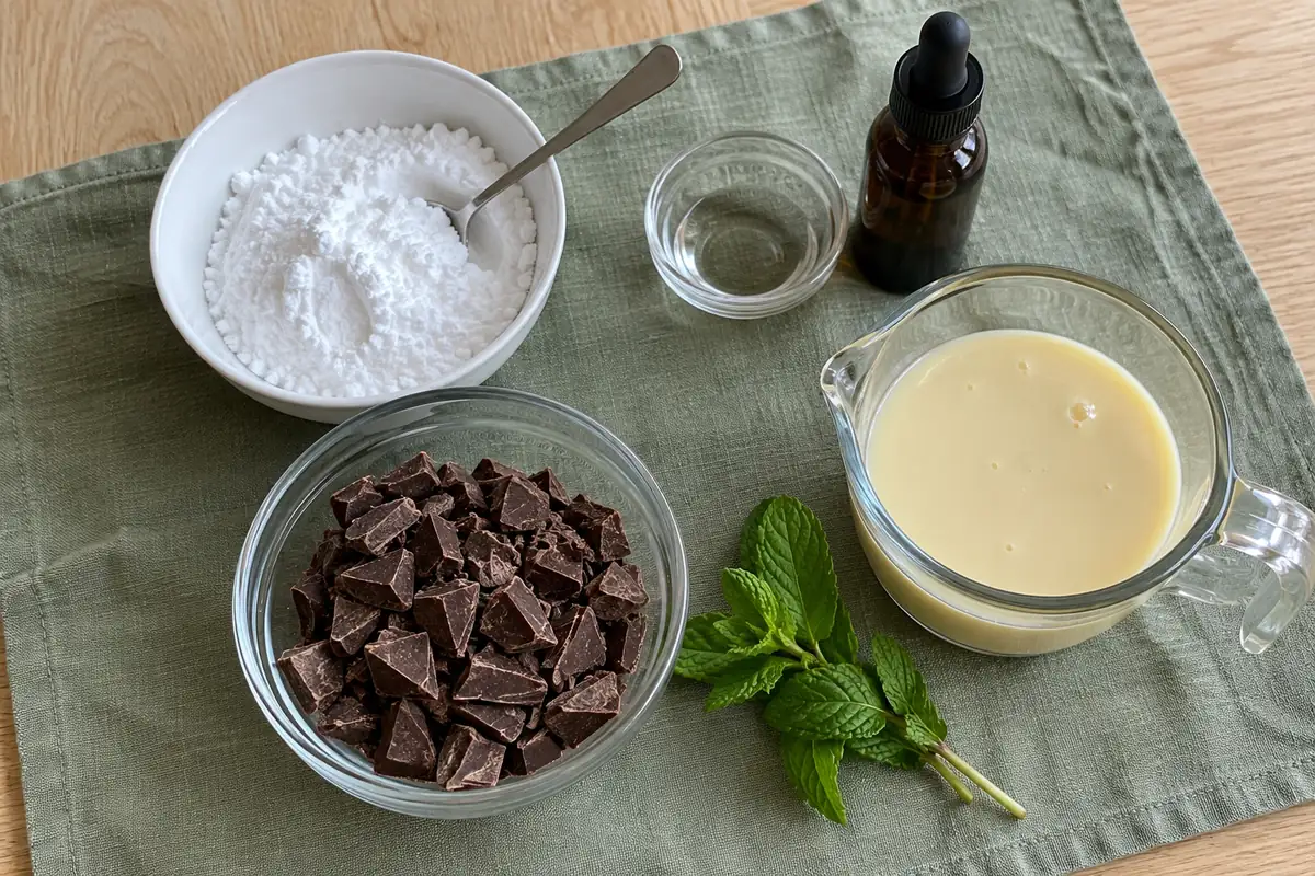 Ingredients for homemade peppermint patties: powdered sugar, peppermint extract, sweetened condensed milk and chocolate almond bark