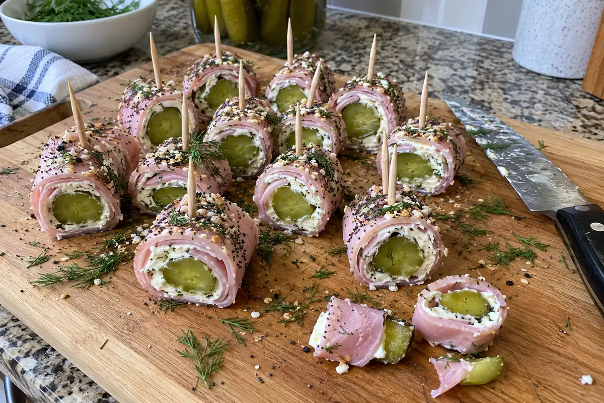 Pickle roll-ups sliced into bite-size pinwheels with toothpicks on a wooden board