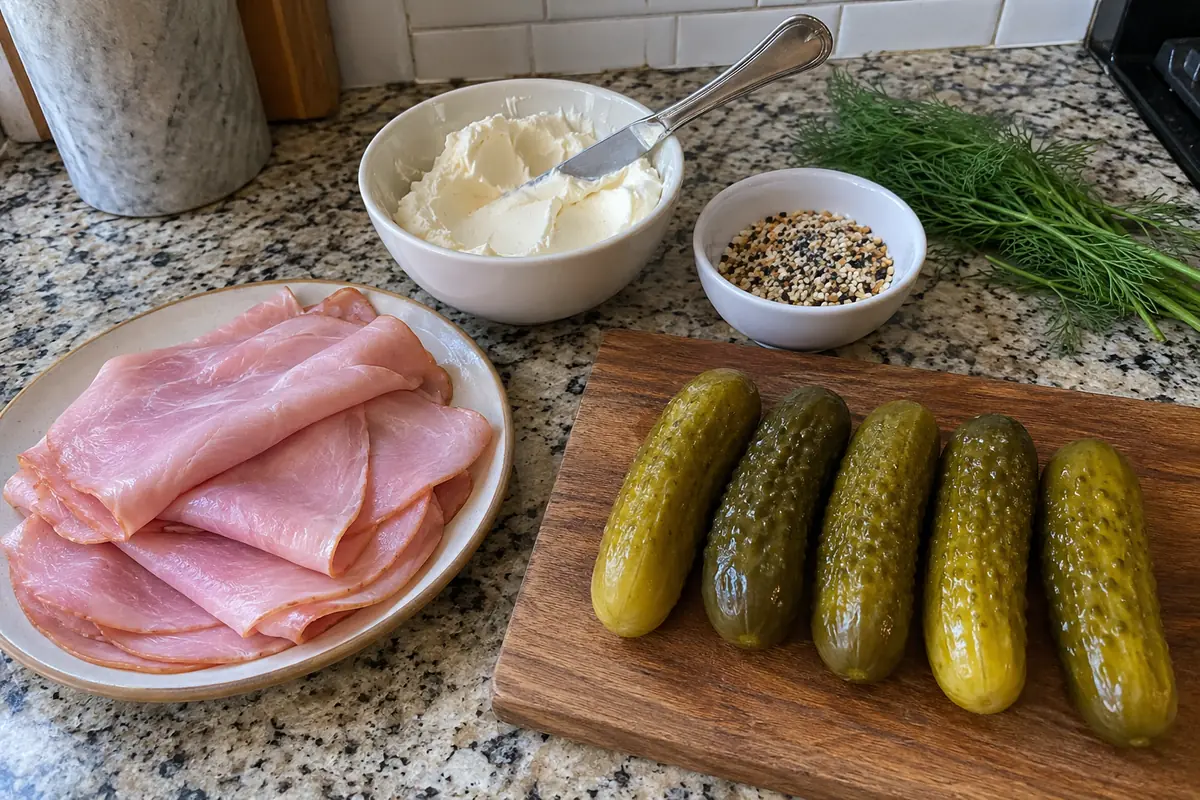 Ingredients for pickle roll-ups: sliced deli ham, whole dill pickles, softened cream cheese, everything seasoning and fresh dill