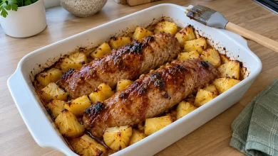 Pineapple pork tenderloin baked with glossy honey soy glaze and caramelized pineapple chunks in a white baking dish