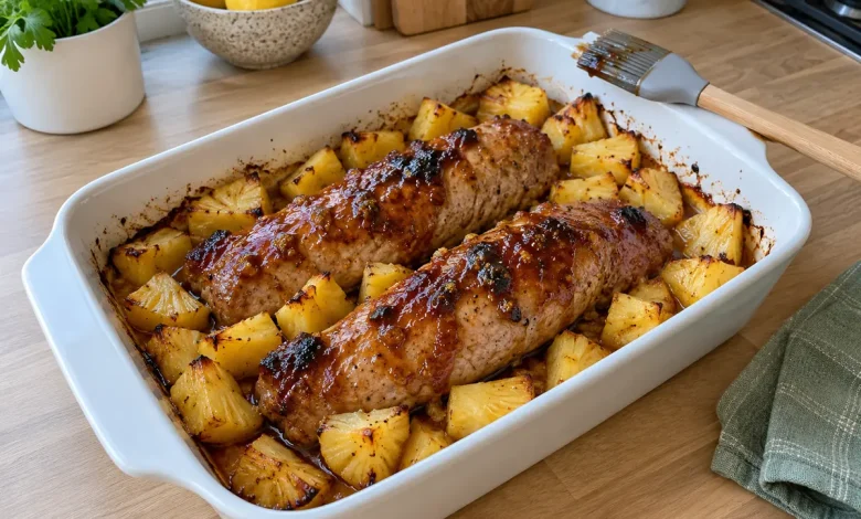 Pineapple pork tenderloin baked with glossy honey soy glaze and caramelized pineapple chunks in a white baking dish