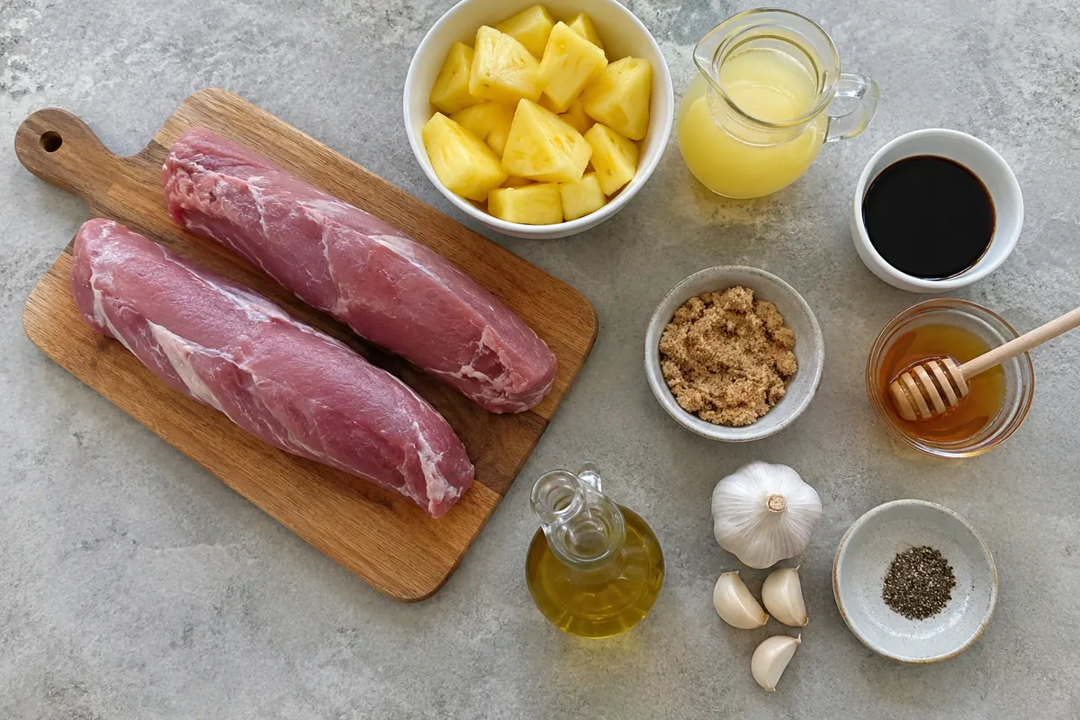 Ingredients for pineapple pork tenderloin: pork tenderloins, pineapple chunks, pineapple juice, soy sauce, honey, brown sugar, garlic, olive oil and black pepper