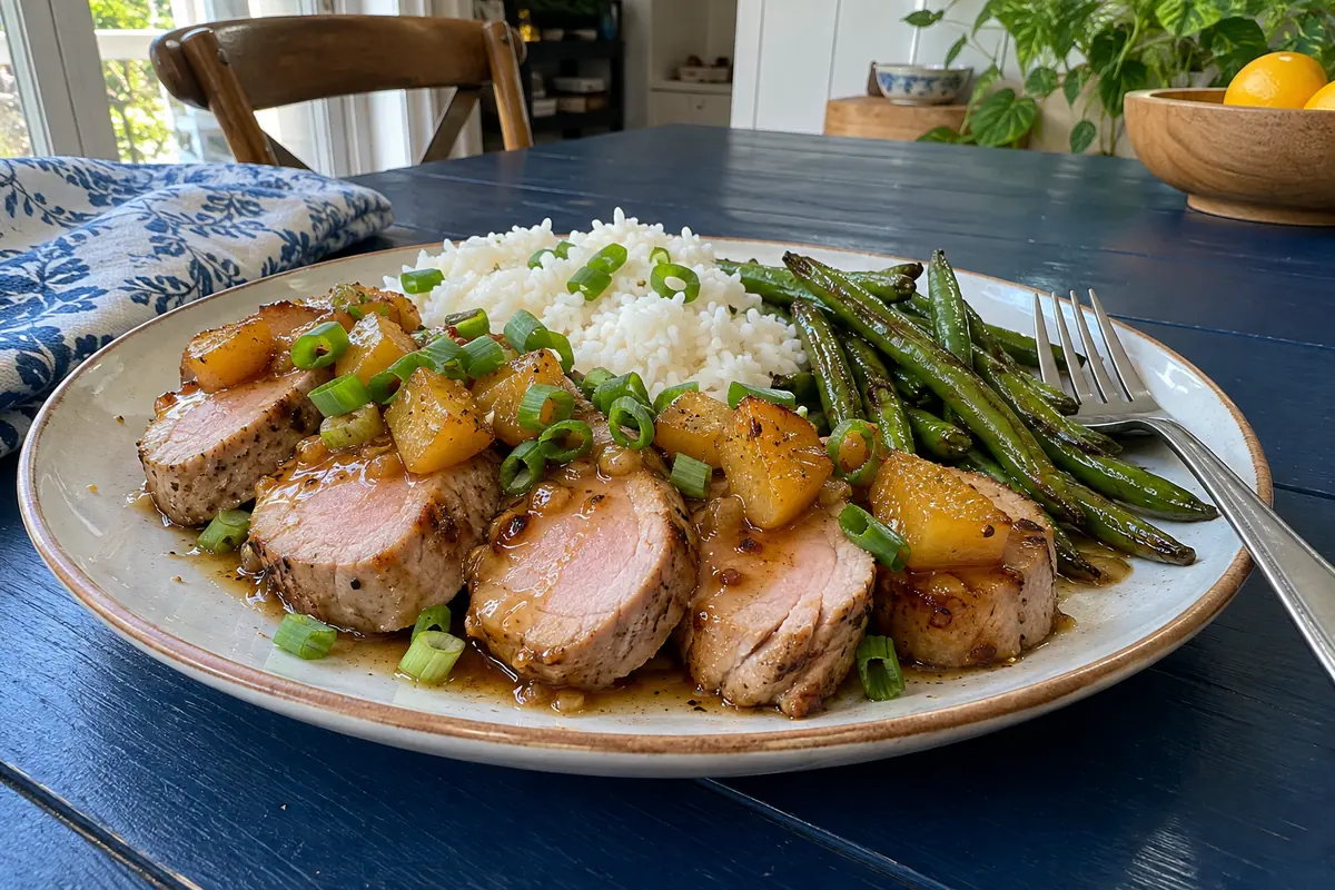 Sliced pineapple pork tenderloin with glaze and pineapple served with white rice and green beans