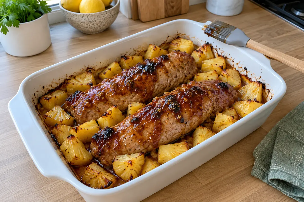 Pineapple pork tenderloin baked with glossy honey soy glaze and caramelized pineapple chunks in a white baking dish