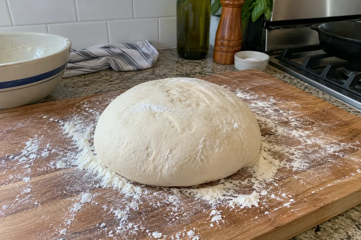 Ball of risen pizza dough on a floured wooden board