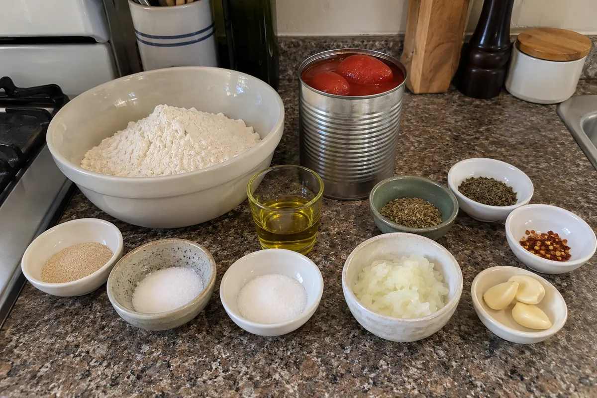 Ingredients for pizza dough and sauce in plain unlabeled bowls plus an unlabeled can of tomatoes