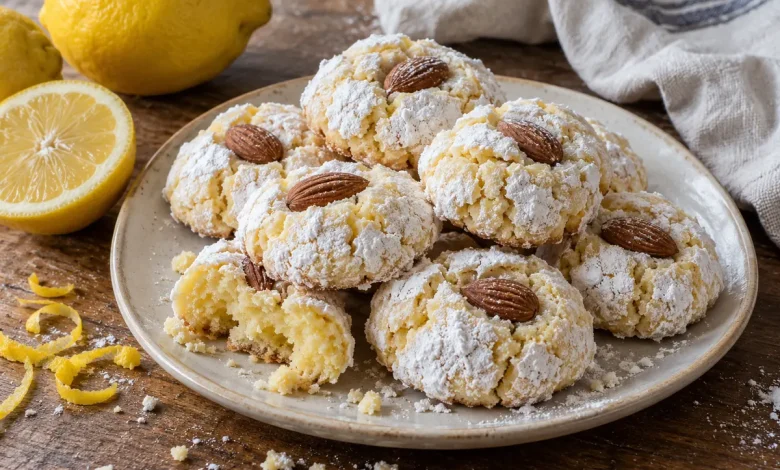 Plate of plump lemon almond cookies dusted with powdered sugar, each topped with a whole almond, one broken open to show the soft center, with fresh lemons nearby