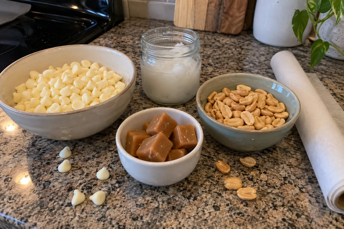 Ingredients for polar bear paws in plain bowls on a kitchen counter: white chocolate chips, caramel squares, salted peanuts and coconut oil