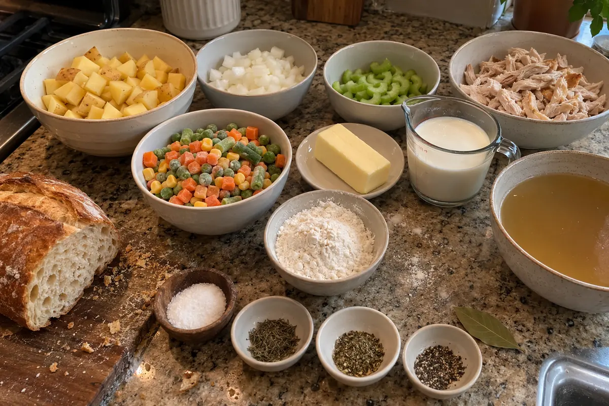 Ingredients for chicken pot pie soup on a kitchen counter in plain bowls: potatoes, onion, celery, chicken, frozen vegetables, butter, flour, broth and cream