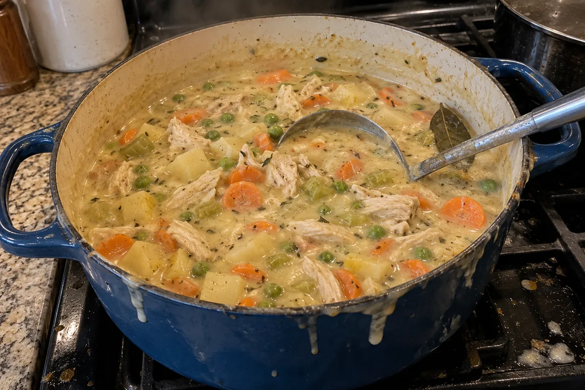 Chicken pot pie soup simmering in a large pot with a ladle