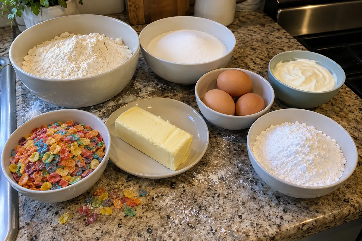 Ingredients for fruity cereal pound cake loaves in plain bowls: flour, sugar, butter, eggs, sour cream, powdered sugar and loose colorful cereal