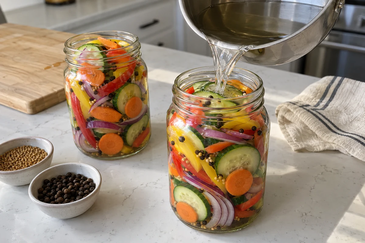 Pouring clear brine over sliced vegetables packed in a glass jar for refrigerator pickled vegetables