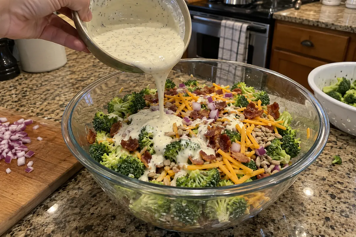 Pouring creamy dressing over broccoli florets, red onion, cheddar, bacon bits and sunflower seeds in a large glass mixing bowl