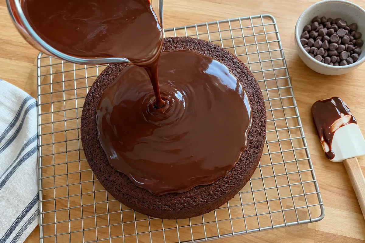 Pouring chocolate ganache over a cooled blender chocolate cake on a wire rack