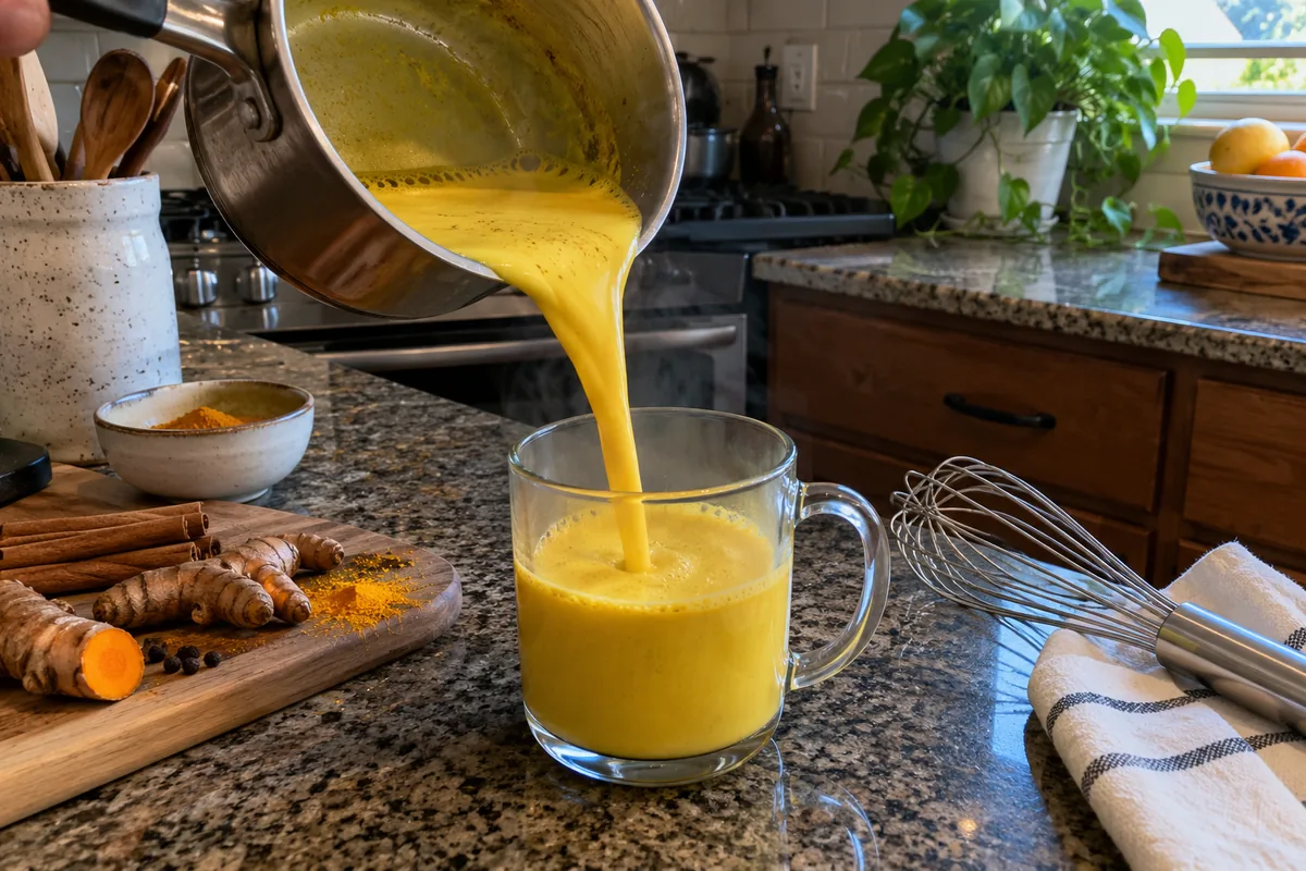 Warm golden turmeric milk pouring from a small saucepan into a glass mug