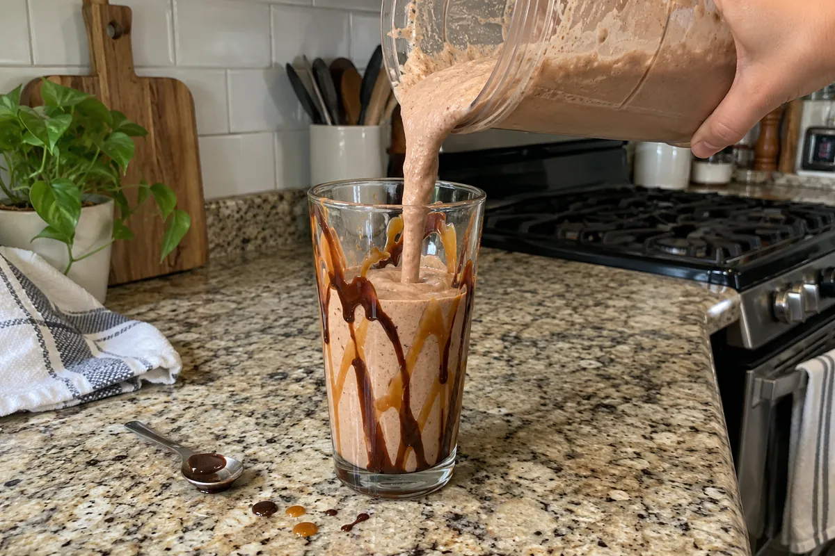 Pouring mocha frappe from a blender cup into a glass drizzled with chocolate and caramel syrup