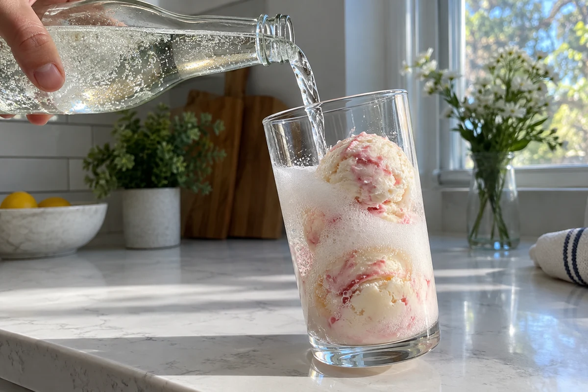 Pouring lemon-lime soda over peppermint vanilla ice cream for a peppermint Christmas float