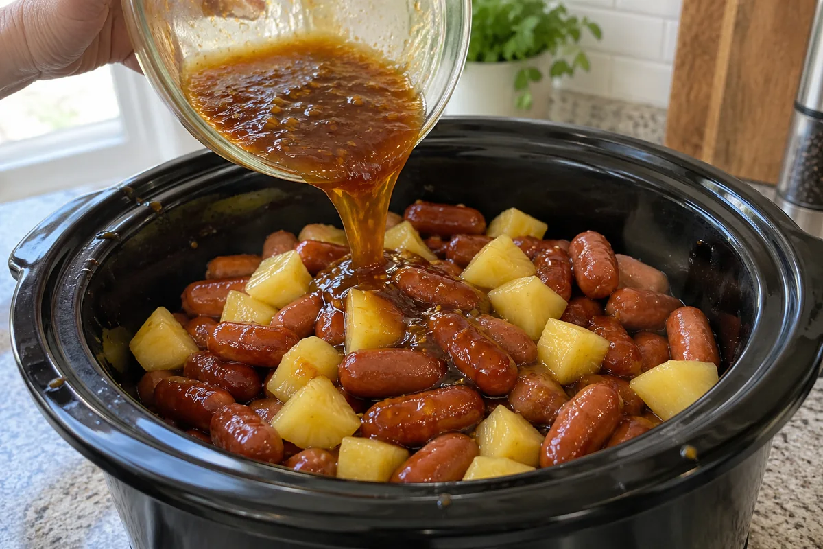 Hand pouring brown sugar pineapple sauce over mini smoked sausages and pineapple chunks in a black slow cooker insert