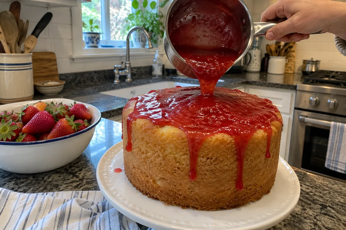 Pouring warm red strawberry glaze over a vanilla butter cake