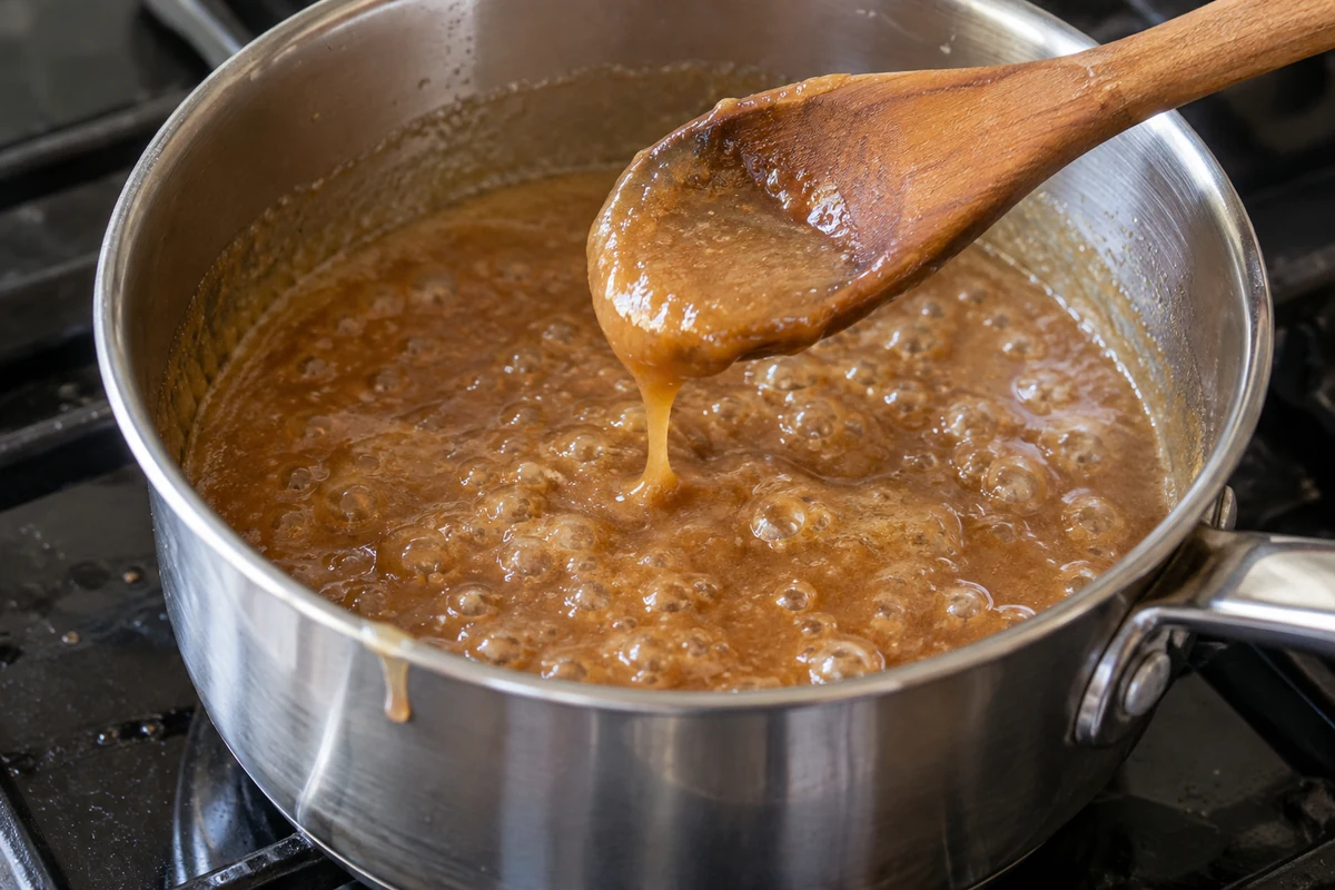 Cookie mixture of brown sugar, butter and milk simmering and being stirred in a saucepan with a wooden spoon